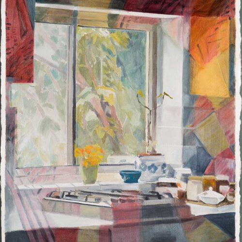 ורד נחמני | המטבח משתקף בחלון של אורנה ברומברג (5-9) מסדרת "כשהלכה לקנות חלון" שמן על נייר 2016