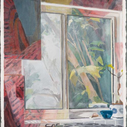 ורד נחמני | המטבח משתקף בחלון של אורנה ברומברג (5-9) מסדרת "כשהלכה לקנות חלון" שמן על נייר 2016